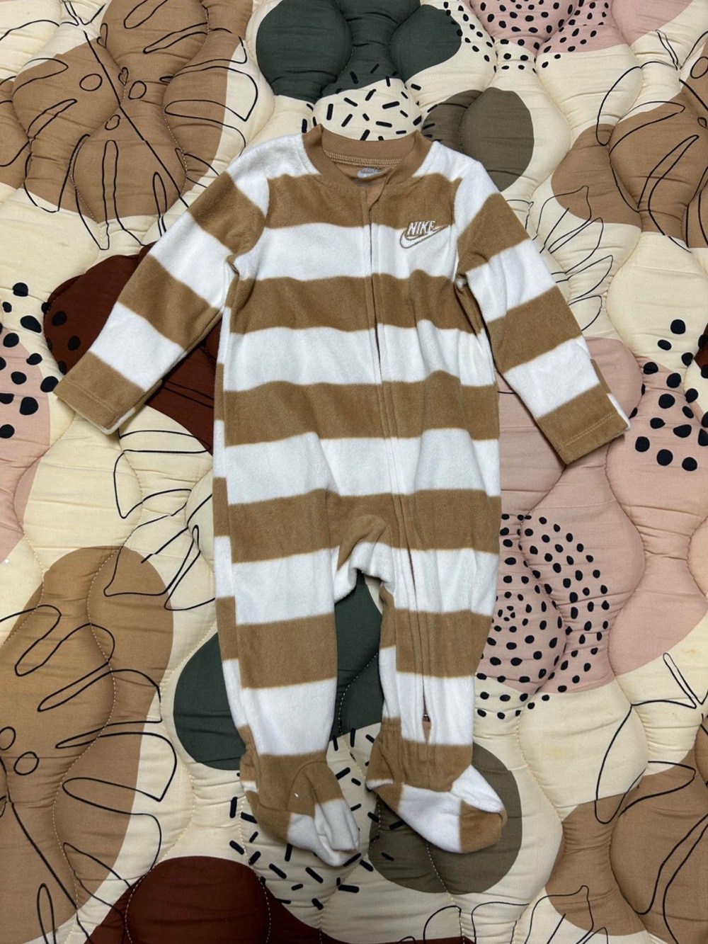 Nike Kids Striped One-Piece Pajamas in Brown and White